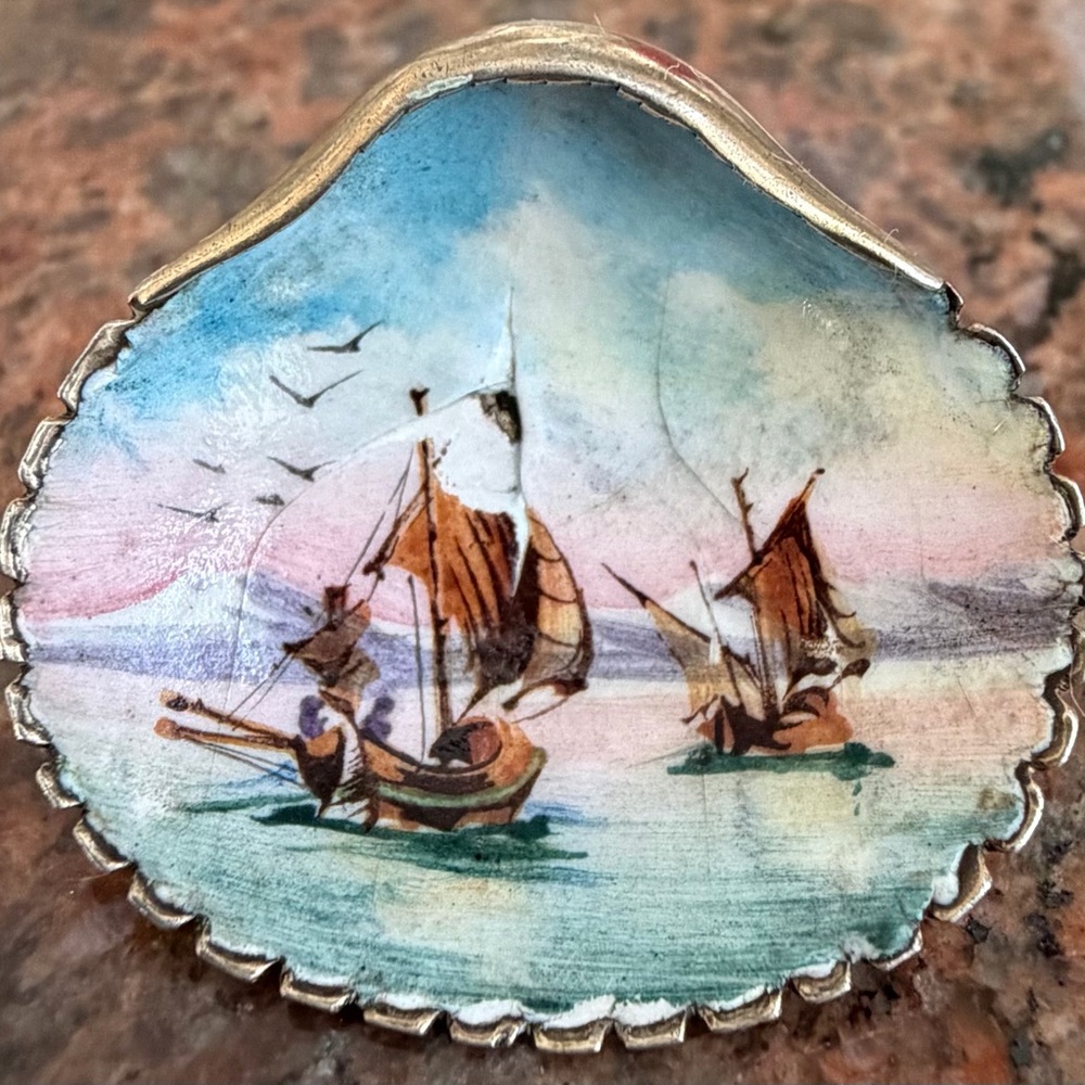 Antique & Collectibles 800 Silver & Porcelain Hand-Painted Sailboat Brooch Rare
